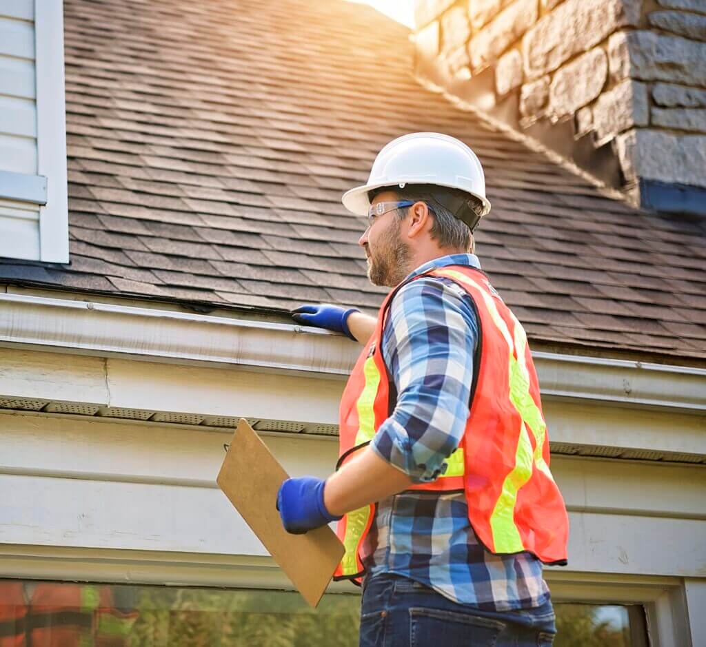 Worker in safety gear inspecting a roof with clipboard in hand, bright sunlight.