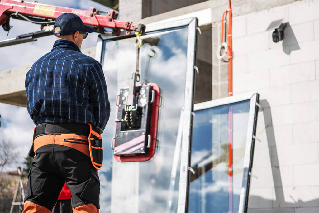 Worker overseeing commercial window replacement using crane lift.